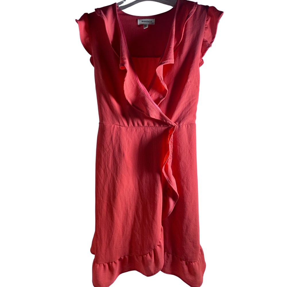 Monteau Los Angeles Ruffle Wrap Dress Size S Coral Pink Cap Sleeve Mini Dress